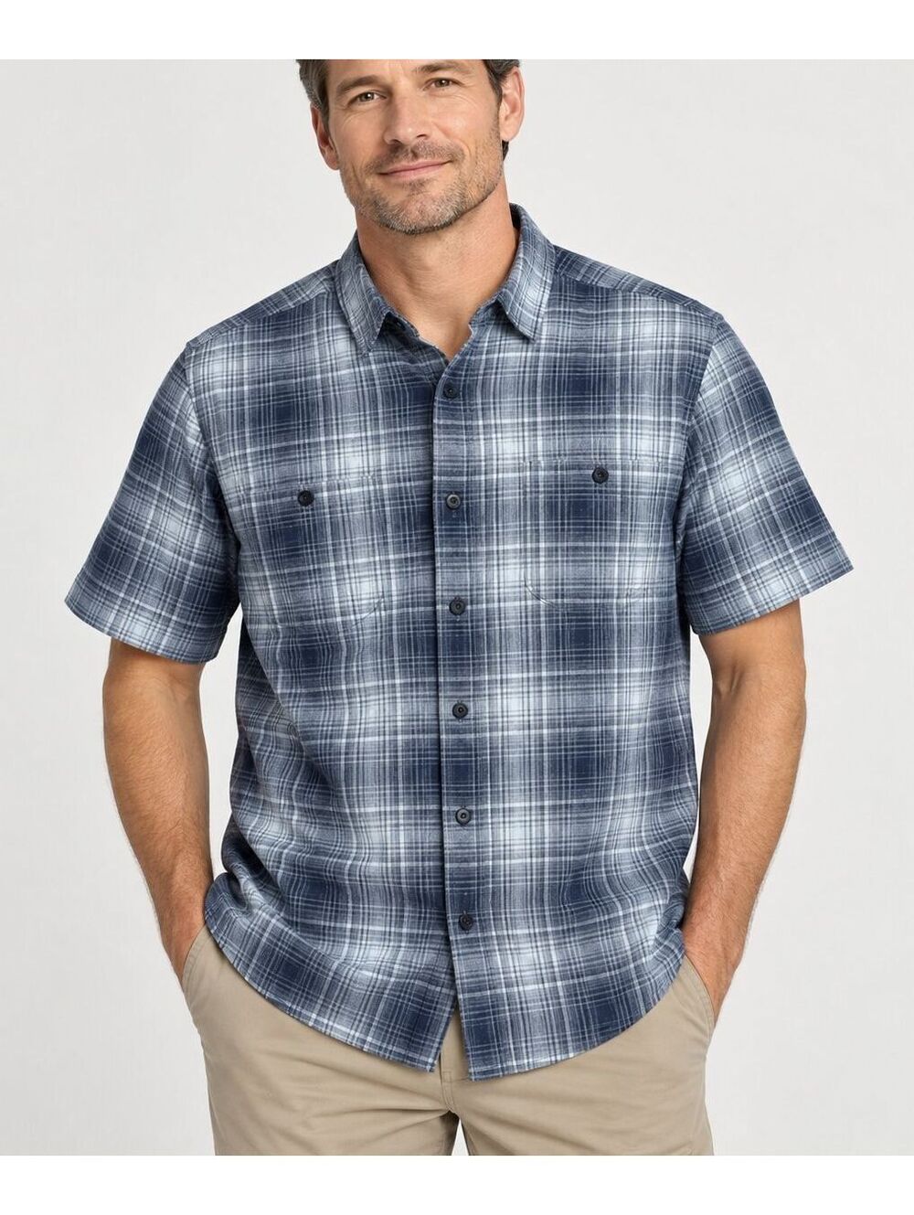 Orvis Men's Large Plaid Shirt Blue Gray Short Sleeve Button Up Outdoor Casual